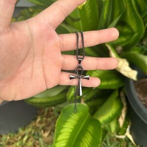 Black Stainless Steel Ankh Style 22in Cross Pendant Necklace Unisex Perfect Gift
